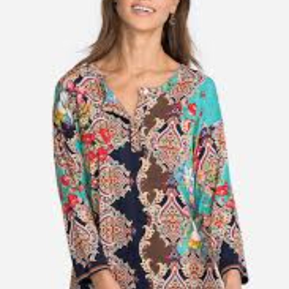 Johnny Was Indi Flower Long Sleeve Henley T Shirt Size 2XS XXS